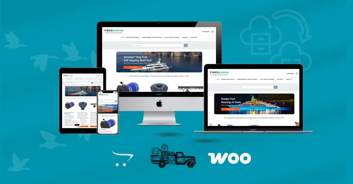 Tides Marine WooCommerce migration shown across desktop, laptop, tablet, and mobile devices